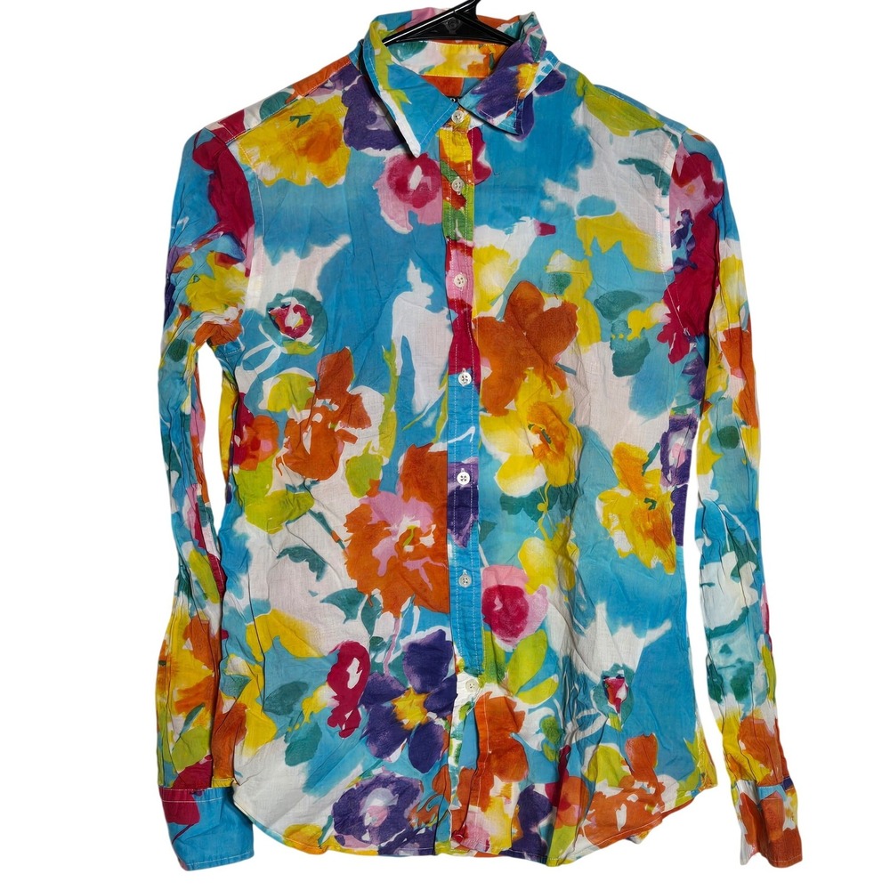 Lauren Ralph Lauren Watercolor Floral Button Long Sleeve Top 2 Preppy Office